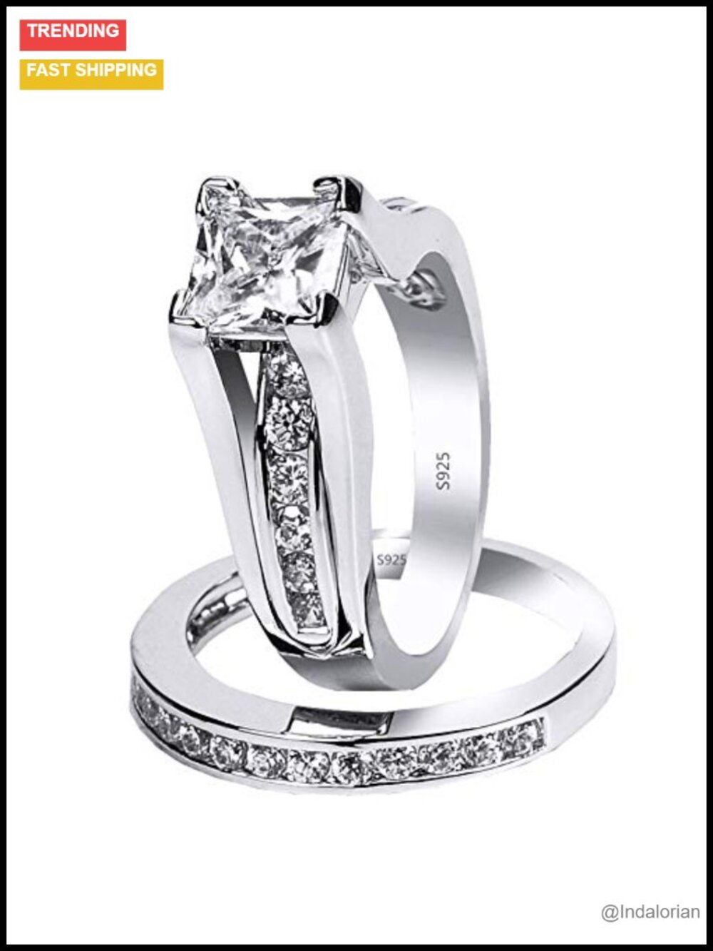 925 Sterling Silver CZ Princess Cut Wedding Engagement Bridal Set